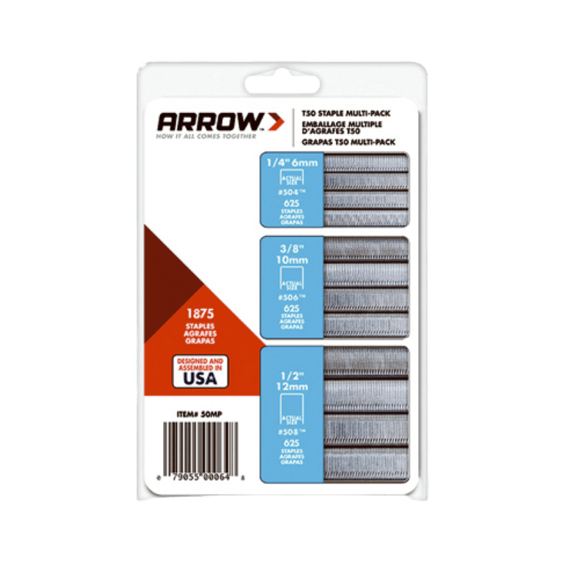 Arrow, Arrow Fastener T50 3/8 in. W 18 Ga. Flat Crown Heavy Duty Staple Assortment 1875 pk