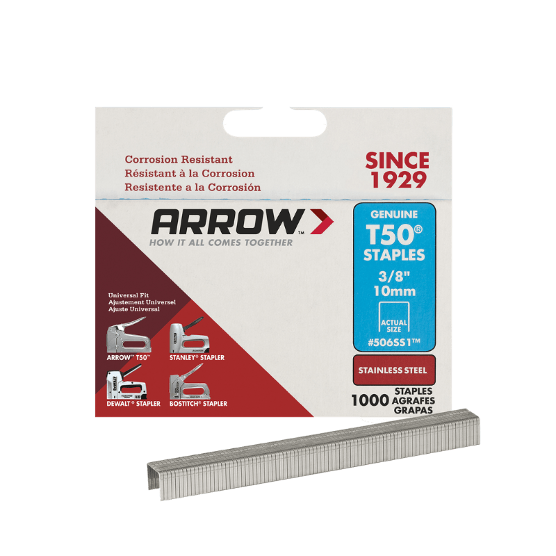 Arrow, Arrow Fastener T50 3/8 in. W x 3/8 in. L 18 Ga. Flat Crown Heavy Duty Staples 1000-Pack.