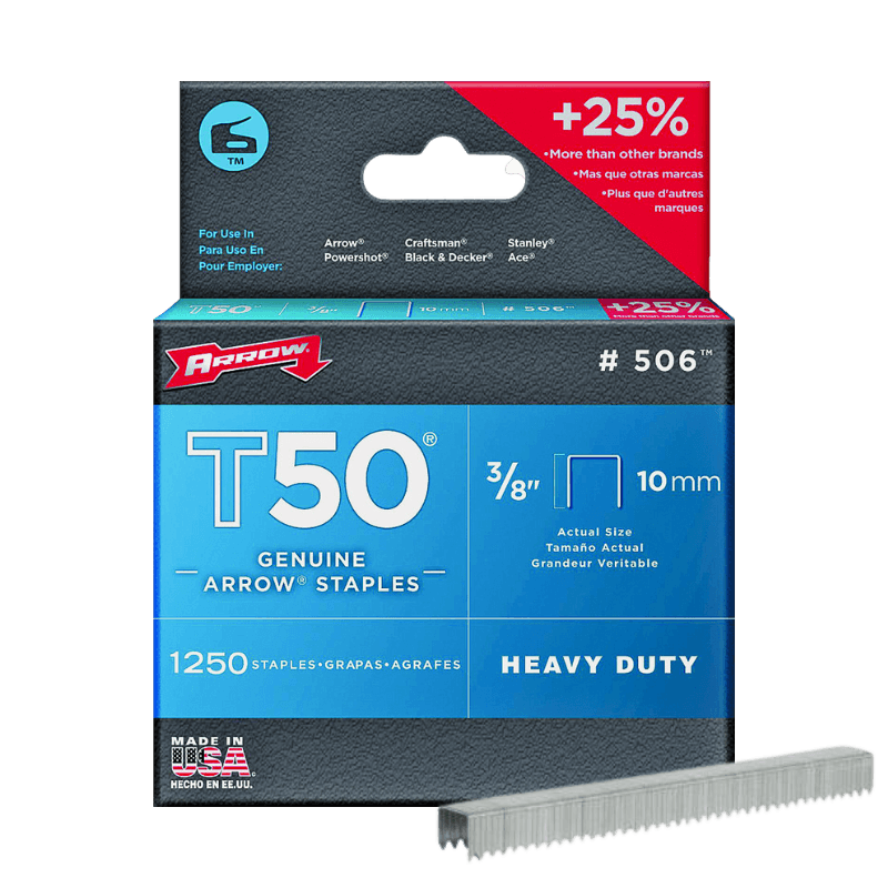 Arrow, Arrow T50 Flat Crown Heavy-Duty Staples 3/8" x 3/8" 1250-Pack.