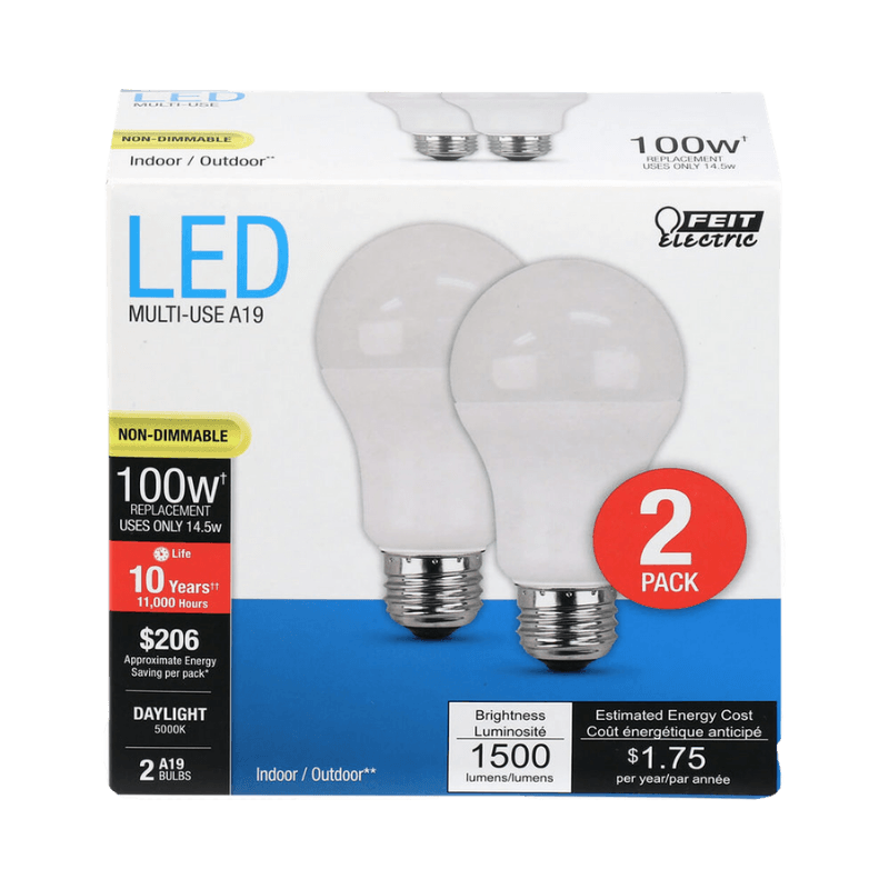 Feit, FEIT LED Bulb Daylight Medium A19 E26 100 Watt 2-Pack.