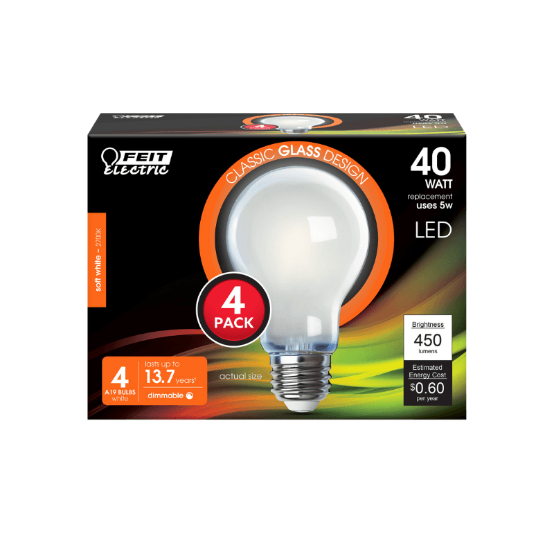 Feit, Feit Electric A19 E26 (Medium) Filament LED Bulb Soft White 40 Watt Equivalence 4-Pack.