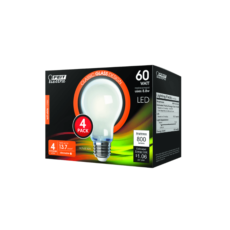 Feit, Feit Electric A19 E26 (Medium) Filament LED Bulb Soft White 60 Watt Equivalence 4-Pack.