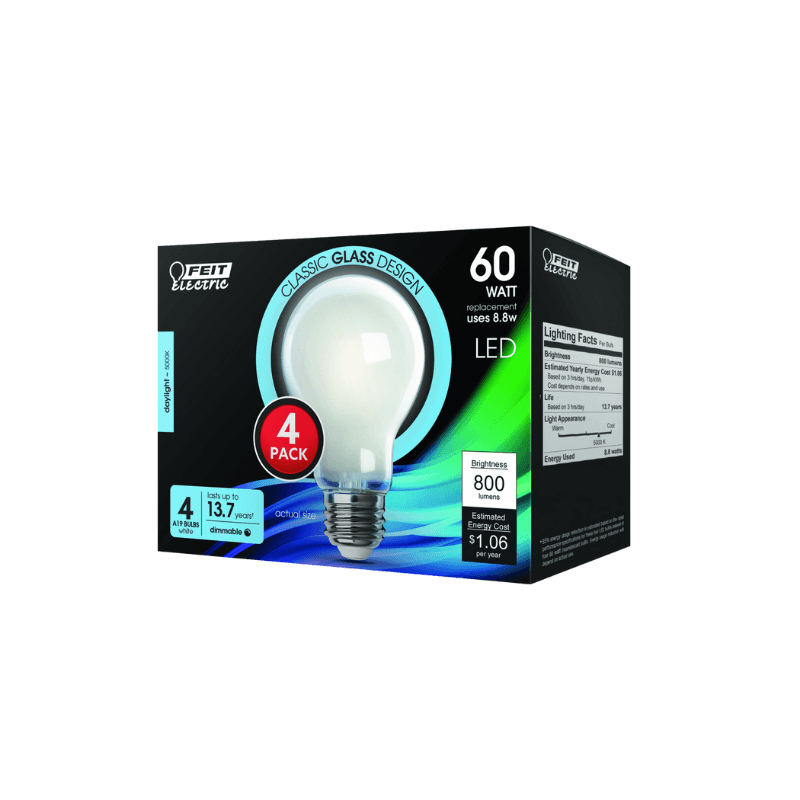 Feit, Feit Electric A19 E26 (Medium) LED Bulb Daylight 60 Watt Equivalence 4-Pack.