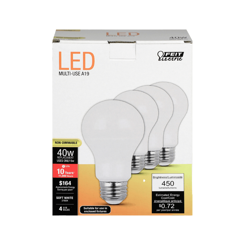 Feit, Feit Electric A19 E26 (Medium) LED Bulb Soft White 40 Watt Equivalence 4-Pack.