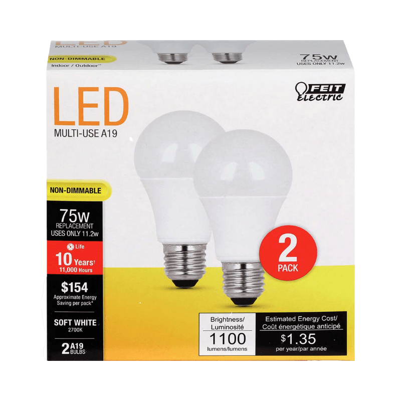 Feit, Feit Electric A19 E26 (Medium) LED Bulb Soft White 75 Watt Equivalence 2-Pack.