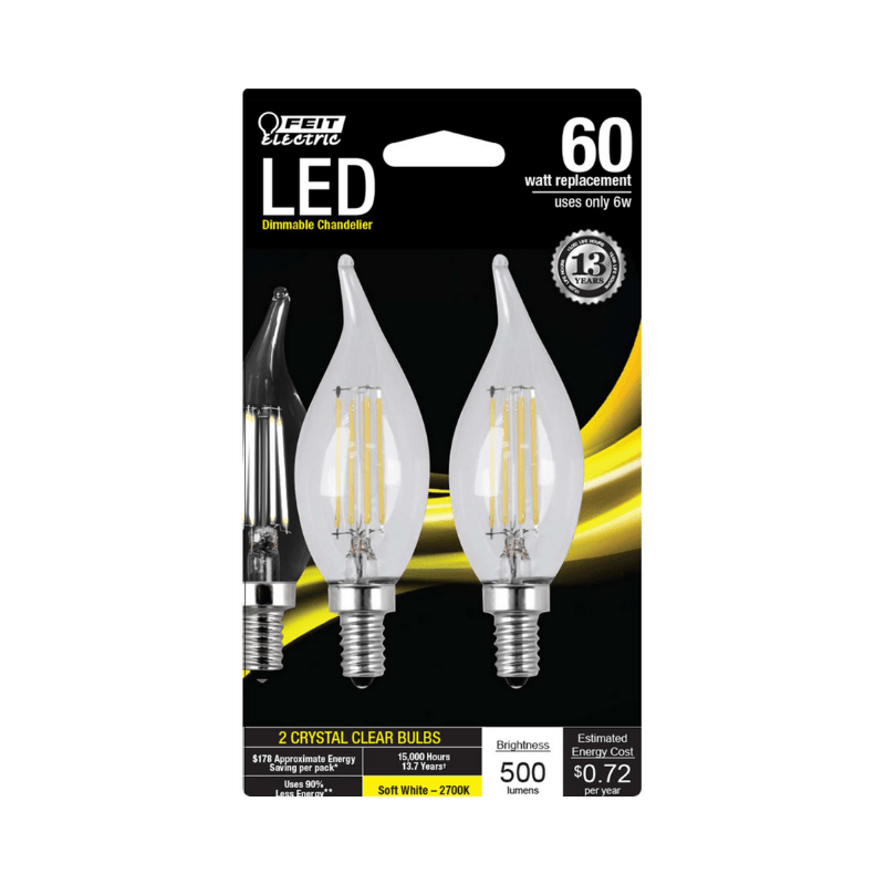 Feit, Feit Electric C10 E12 (Candelabra) LED Bulb Soft White 60 Watt Equivalence 2-Pack.