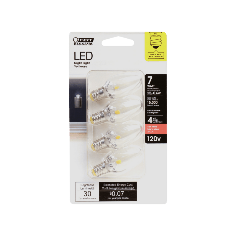 Feit, Feit Electric C7 E12 (Candelabra) LED Bulb Soft White 7 Watt Equivalence 4-Pack.