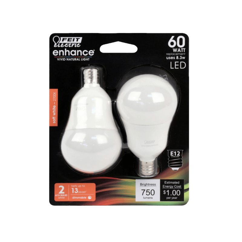 Feit, Feit Electric Enhance A15 E12 (Candelabra) LED Bulb Soft White 60 Watt Equivalence 2-Pack.