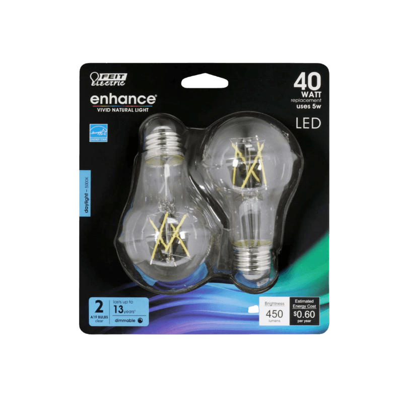 Feit, Feit Electric Enhance A19 E26 (Medium) Filament LED Bulb Daylight 40 Watt Equivalence 2-Pack.