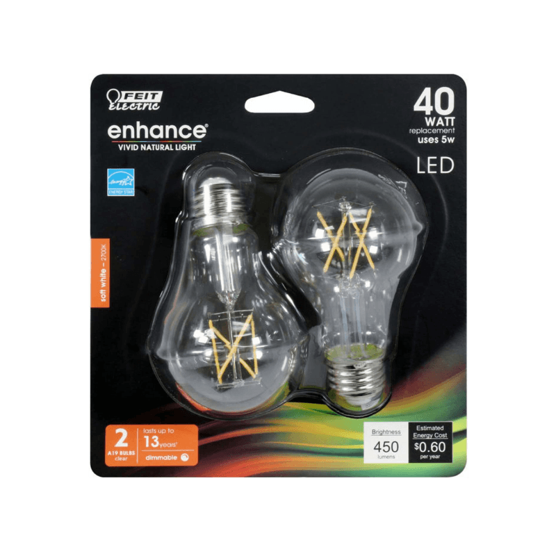 Feit, Feit Electric Enhance A19 E26 (Medium) Filament LED Bulb Soft White 40 Watt Equivalence 2-Pack.