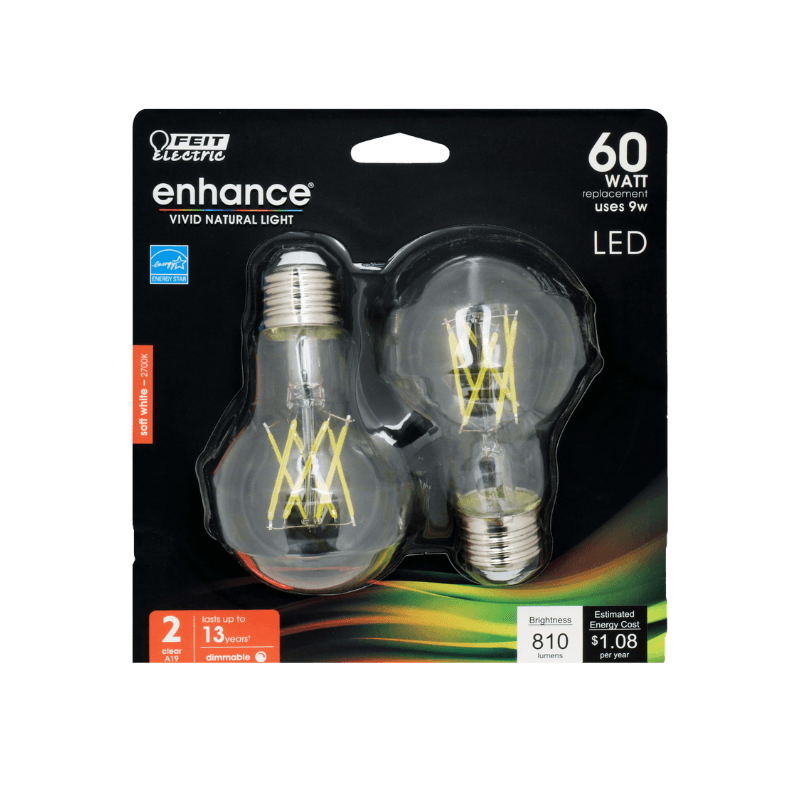 Feit, Feit Electric Enhance A19 E26 (Medium) Filament LED Bulb Soft White 60 Watt Equivalence 2-Pack.