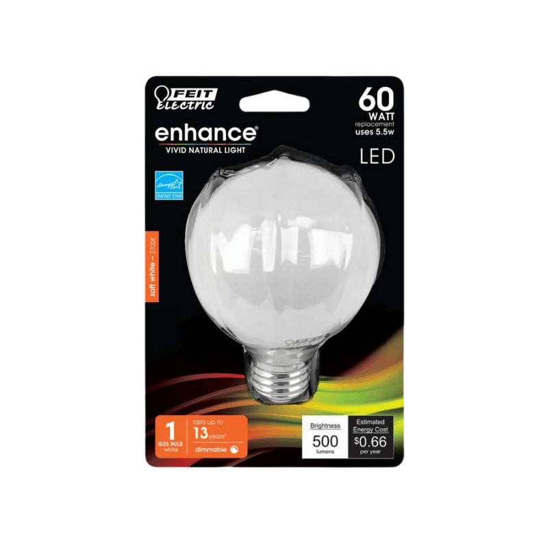 Feit, Feit Electric Enhance G25 E26 (Medium) LED Bulb Soft White 60 Watt Equivalence