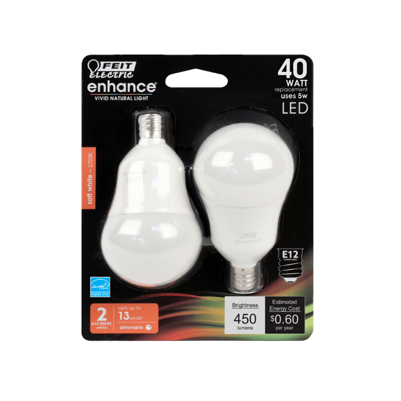 Feit, Feit Electric Performance A15 E12 (Candelabra) LED Bulb Soft White 40 Watt Equivalence 2-Pack.