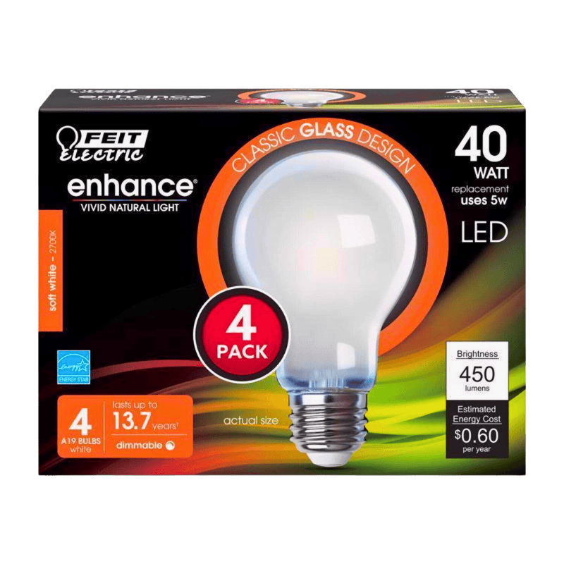 Feit, Feit Enhance (Medium) Filament LED Bulb Soft White 40 Watt Equivalence A19 E26 4-Pack.